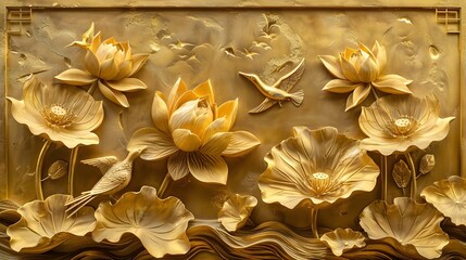 Oriental style golden background wall decor, laxury carved lotus flowers and birds pattern design, style of elegant Chinese or Japanese, high definition 3d render modern digital artwork wallpaper.