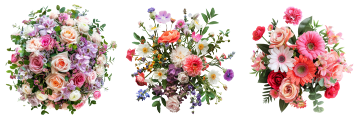 Top View of Flower Arrangement Set Isolated on Transparent or White Background, PNG