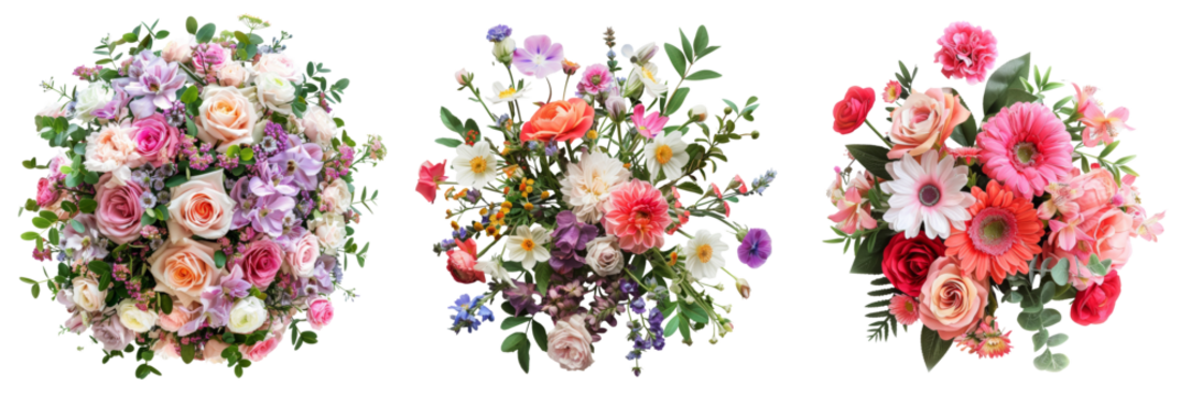 Top View of Flower Arrangement Set Isolated on Transparent or White Background, PNG