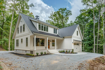 Minimalist Craftsman Style New Construction Ivory White House with Clean, Elegant Lines in a Modern Forest Environment