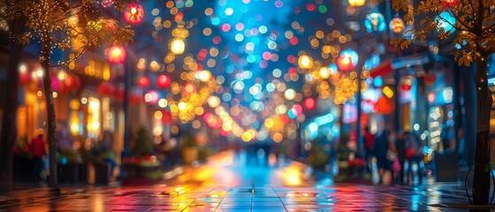 Fototapeta premium Vibrant city street at night adorned with colorful string lights, creating a festive and lively atmosphere, perfect for urban holiday scenes.