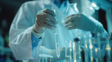 Close-up of the doctora??s hands holding a glass pipette and a water sample.