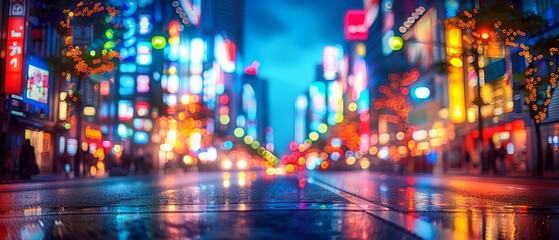 Fototapeta premium Vibrant city street at night with colorful neon lights and blurred reflections creating a dynamic and energetic urban atmosphere.
