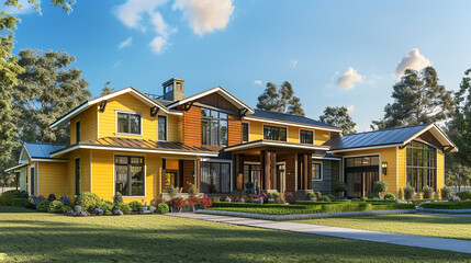 Modern Craftsman Style New Construction Lemon Yellow House with Sleek Architectural Features and Eco-Friendly Landscaping