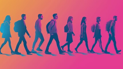 Fototapeta premium Silhouetted People Walking in a Row with Gradient Background