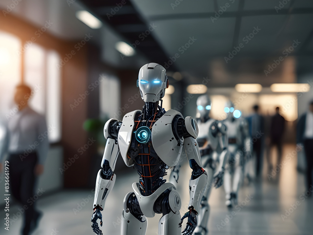 Fototapete bright business workplace with blur many robot ai and people in walking in blurred motion in modern 