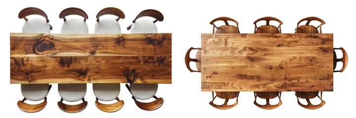 Top View of Wood Dining Table with Chairs Set Isolated on Transparent or White Background, PNG