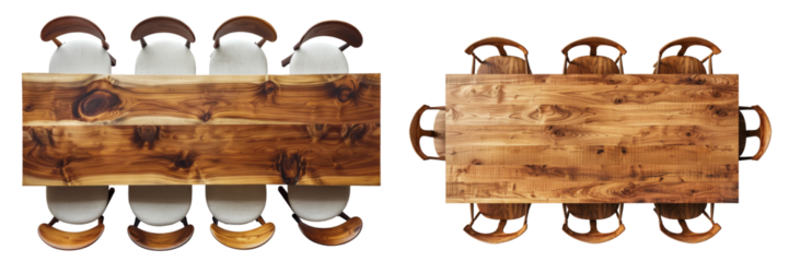 Top View of Wood Dining Table with Chairs Set Isolated on Transparent or White Background, PNG
