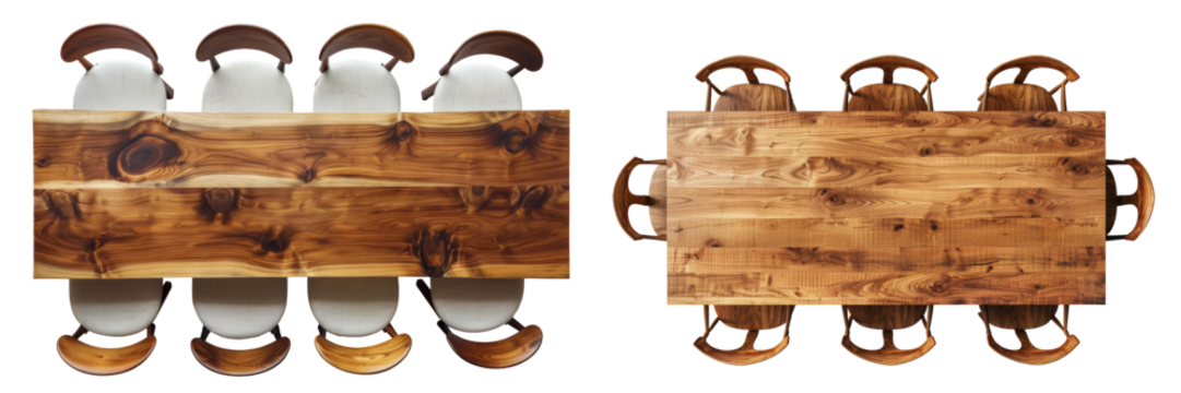 Top View of Wood Dining Table with Chairs Set Isolated on Transparent or White Background, PNG