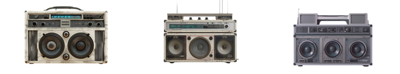 Retro Music Player 80s Boombox Front View Set Isolated on Transparent or White Background, PNG