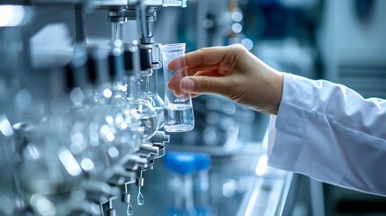 The doctora??s hand inserting a water sample into a chromatography machine.