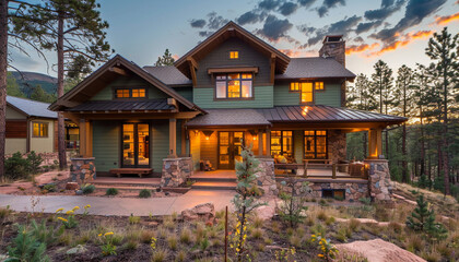 Obraz premium Sophisticated Craftsman Style New Construction Forest Green House with Streamlined Design Elements in a Rocky Highland Area