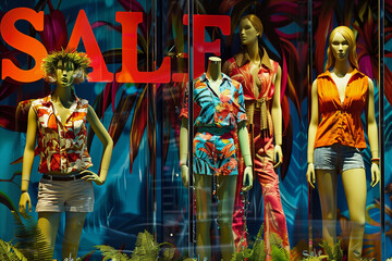 A display of mannequins in a store window with a sign that says Sale. The mannequins are dressed in various outfits, including shorts and tops. The display is colorful and eye-catching