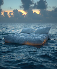 Fototapeta premium Bett mitten im Meer mit weißem Bettlaken