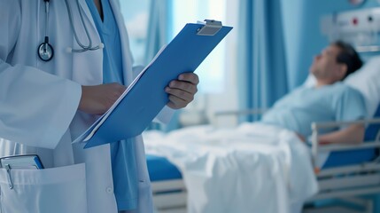A doctor holding a clipboard in a hospital room with a patient lying in the bed. Medical professional at work. Hospital care and treatment.