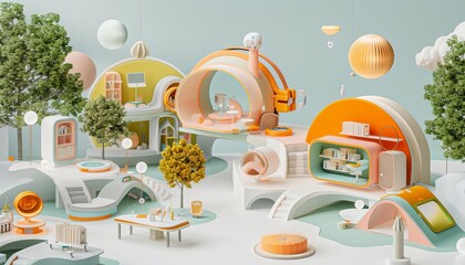 3D Model Abstract Art of Collaborative open abstract office ecosystem village fostering interdisciplinary synergy