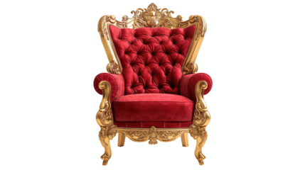 Regal Red Velvet Throne Chair with Gold Accents on Transparent Background