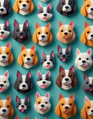 A seamless pattern featuring various cartoon dog faces on a teal background. The design showcases different breeds with expressive faces, ideal for pet-related products, stationery, and playful