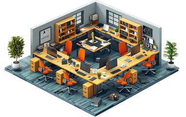 Modern office space with multiple workstations, orange chairs, computers, bookshelves, and plants, creating a productive work environment.