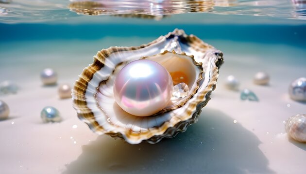 A Close-up macro pearl
 in a shell under the ocean , Shimmering white diamonds and clear crystals cascading from above, radiating an ethereal glow, coral backdrop.