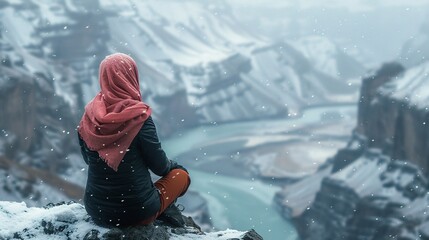 A girl in hijab sits on the edge of an abyss, overlooking snowy mountains and rivers. She is wearing black trousers with a pink scarf around her neck, with snow covering everything. The photo was