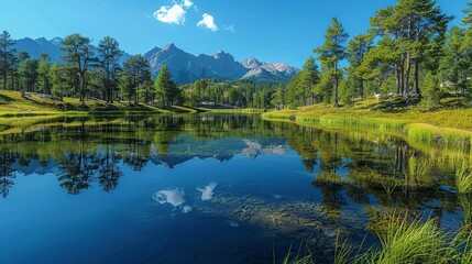 Fototapeta na wymiar A serene lake scene with reflections of trees and mountains, creating a peaceful and calming atmosphere. Minimal and Simple,