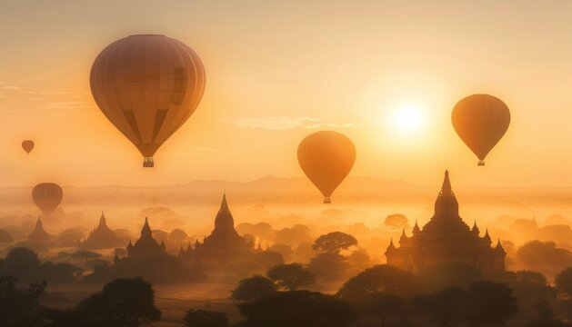 Enchanting Dawn: Balloons and Silhouettes at Dhammayan Gyi Pagoda in Bagan Kingdom