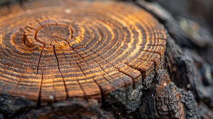 A detailed shot of a tree ring, showing the growth patterns and history captured in natural wood. Minimal and Simple,