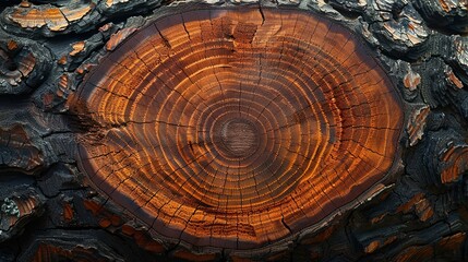 A detailed shot of a tree ring, showing the growth patterns and history captured in natural wood. Minimal and Simple,