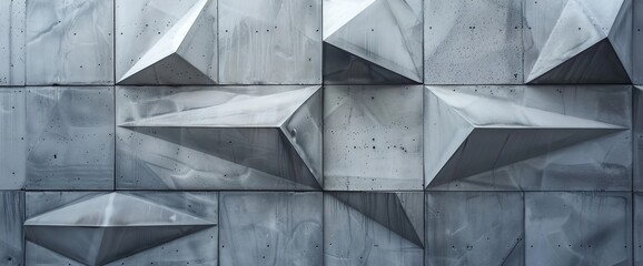 A closeup of an abstract geometric pattern on a concrete wall, featuring sharp lines and a mix of raised and recessed textures.