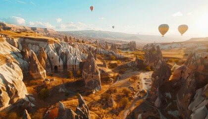 Turkish Delight: A Spectacular Sunrise Over Cappadocia's Rocky Landscape with Colorful Hot Air Ballo