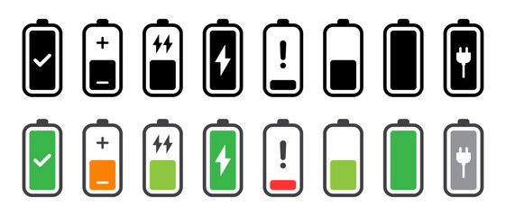 Battery fast charging features and issues icon set in black and colorful style. Battery symbols with fast charging,  exclamation, low, plus, minus, tick and full charge signs.