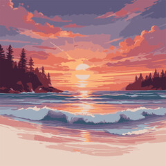 A mesmerizing digital illustration portraying a breathtaking sunset over a serene coastal landscape. The warm hues of the sky blend with the cool tones of the ocean, creating a scene of tranquility