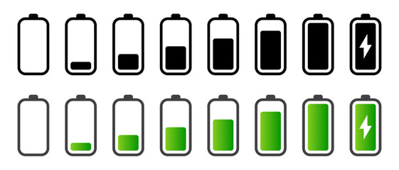 Battery charging process icon set 0 to 100 in black and green color. Set of vertical battery level indicators in percentage vector. Battery indicator symbols. 0, 100