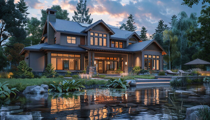 Obraz premium Elegant Craftsman Style New Construction Mauve House Highlighting Sleek Architectural Elements in a Serene Riverside Environment