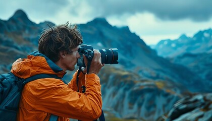 Illustrate a side view of a photographer capturing a breathtaking landscape with a modern DSLR camera