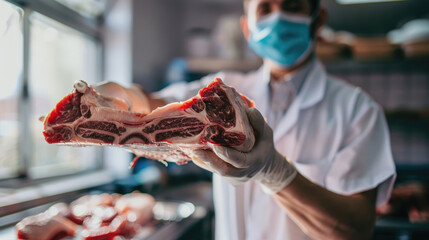 butcher's hands holding meat piece in shop