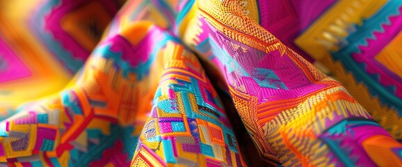 A closeup of a fabric with a bold geometric pattern in bright, contrasting colors, capturing the texture and vibrancy of the material.