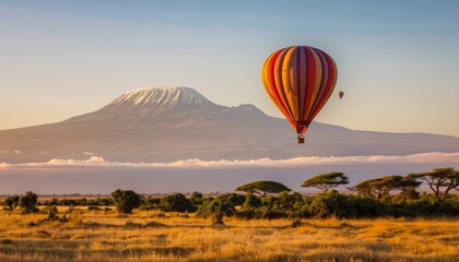 Fototapeta premium Amboseli National Park: Experiencing the Majesty of Kilimanjaro from a Hot Air Balloon Safari at Daw