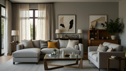 Fototapeta premium Interior of light living room with grey sofas, coffee table and large window 