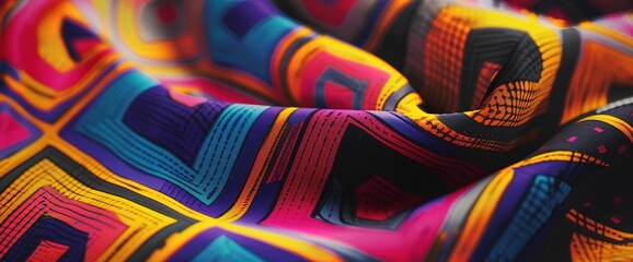 A closeup of a fabric with a bold geometric pattern in bright, contrasting colors, capturing the texture and vibrancy of the material.