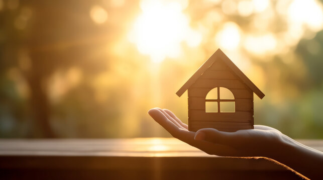 A Wooden House model with blurreed background . Real estate agent , house, insurance or loan real estate background.