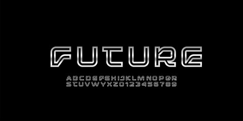 Technical future font, chrome alphabet, silver uppercase letters A, B, C, D, E, F, G, H, I, J, K, L, M, N, O, P, Q, R, S, T, U, V, W, X, Y, Z and numerals 0, 1, 2, 3, 4, 5, 6, 7, 8, 9 outlines style