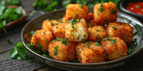 Food photography of crispy cheese croquettes arranged on a plate