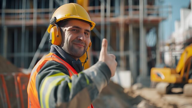 Middle Eastern worker wearing safety hardhat and hearing protection at construction site, smiling and giving thumbs up, promoting safe behavior and positivity in workplace to eliminate risk