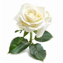 A single white rose with green leaves on a white background