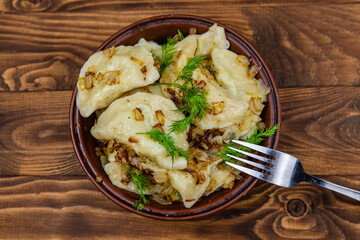 Varenyky with mashed potato. Dish of the Ukrainian cuisine