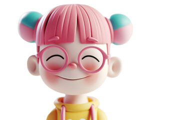 Cute 3D animated girl with pink hair and glasses smiling, wearing yellow hoodie, capturing a joyful and playful vibe.