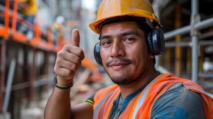 Hispanic or Latinx worker wearing safety hardhat and hearing protection at construction site, smiling and giving thumbs up, promoting safe behavior and positivity in workplace to eliminate risk