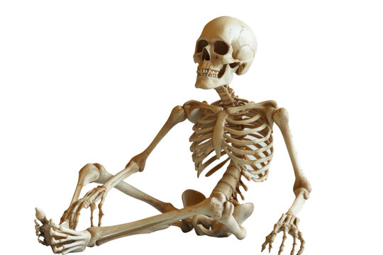 Lifelike human skeleton sitting against a plain background, illustrating anatomical structure and bone details for educational purposes.